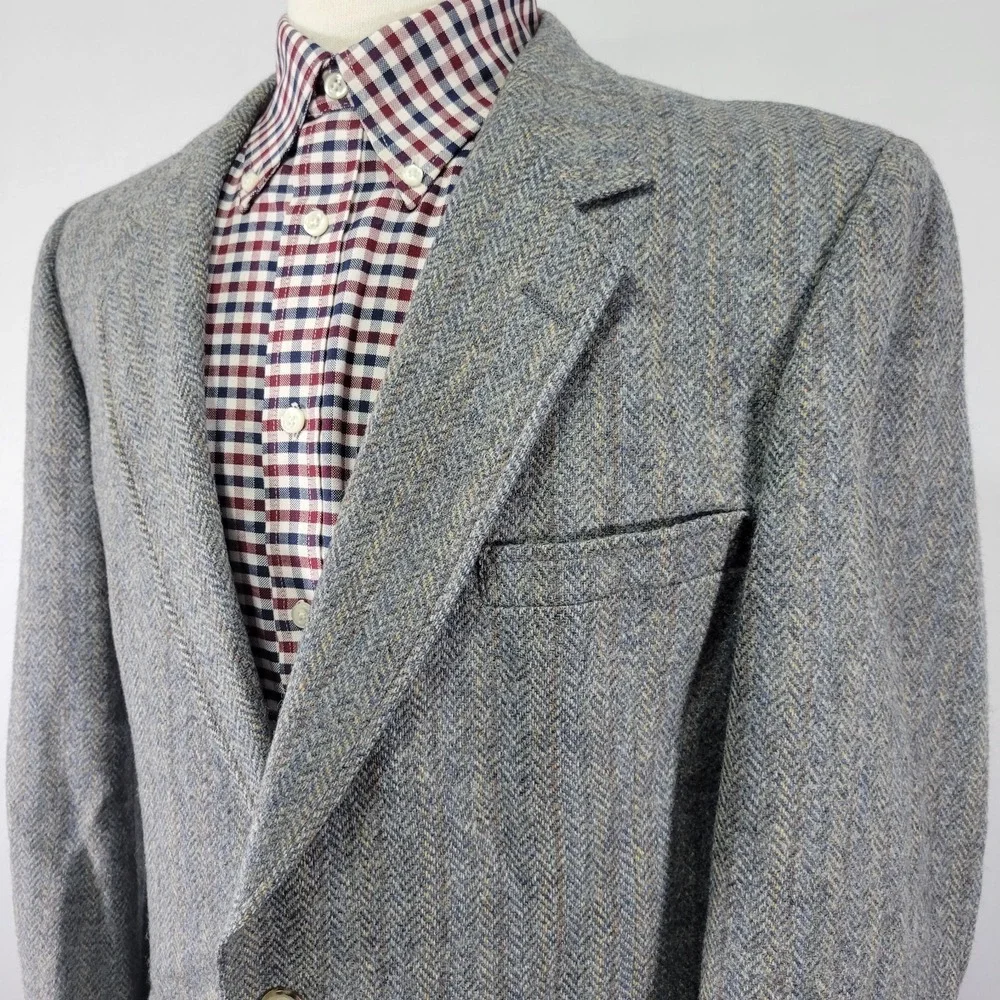 Men's‎ Tweed Style Sport Coat Blazer Two Button Gray Herringbone Wool About 42R
